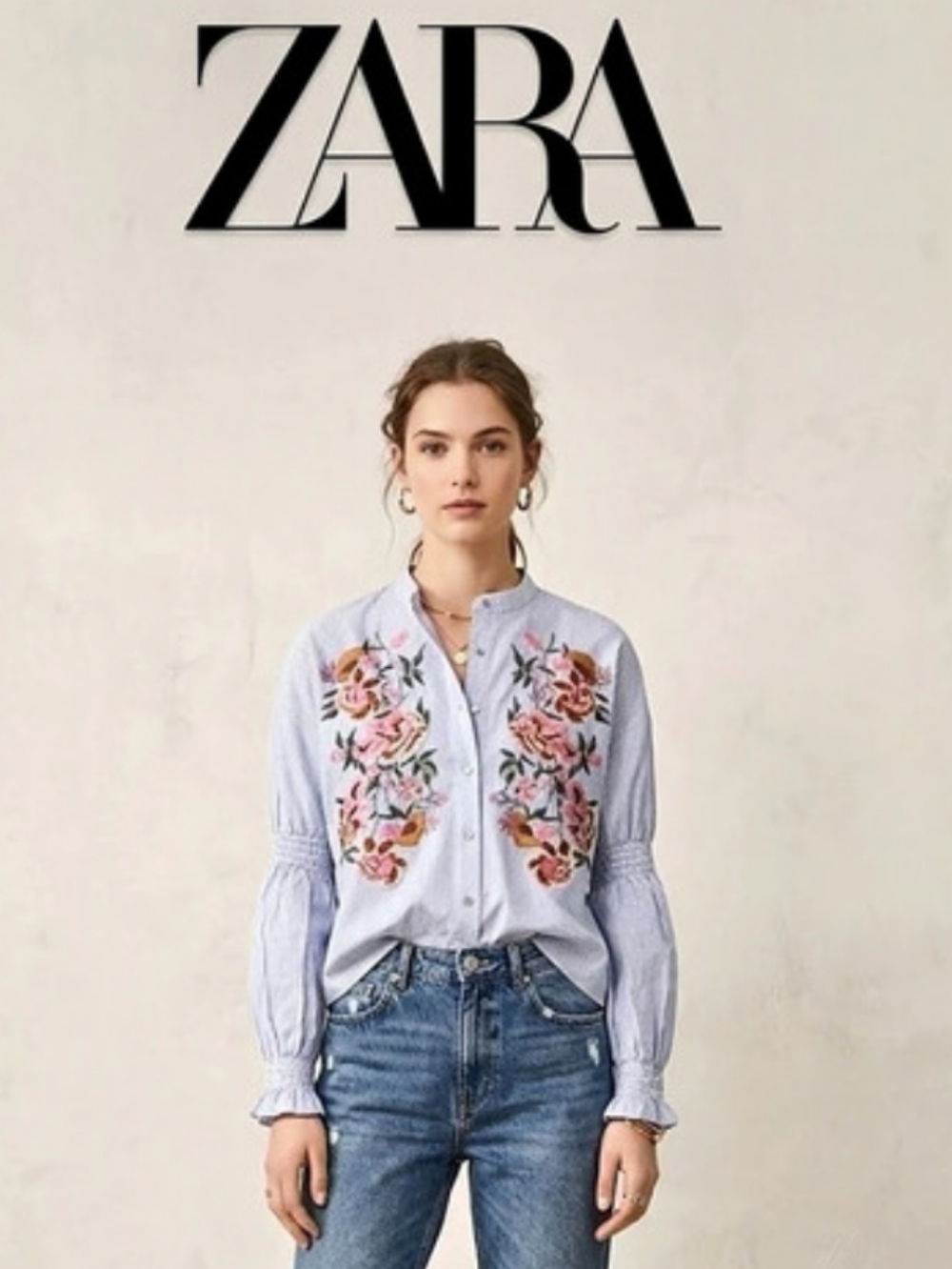 ZARA Trafaluc Striped Shirt with Floral Embroidery NWOT | Size S